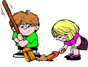 Boy sweeping dirt into a dustpan held by a girl