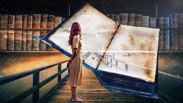 Woman looking at an open book with showing a bridge and a boat on water.