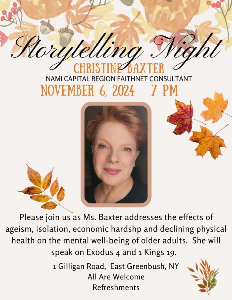 November 6, 2024 Storytelling Night Christine Baxter, Nami Capital Region Faithnet Consultant