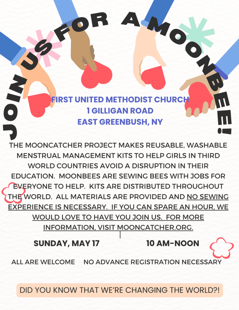 Moonbee - Sunday May 17 10 AM-Noon Make reusable washable menstrual kits for girls in third world countries.
