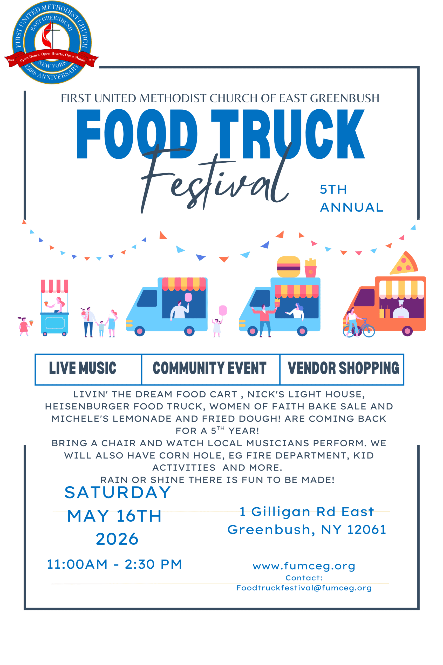 Food Truck Festival May 16 11:00 AM - 2:30 PM Live Music, Community Event, Vendor Shopping