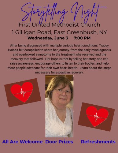 Storytelling Night, June 3, 2026 at 7 PM Tracey Haines will tell her story.